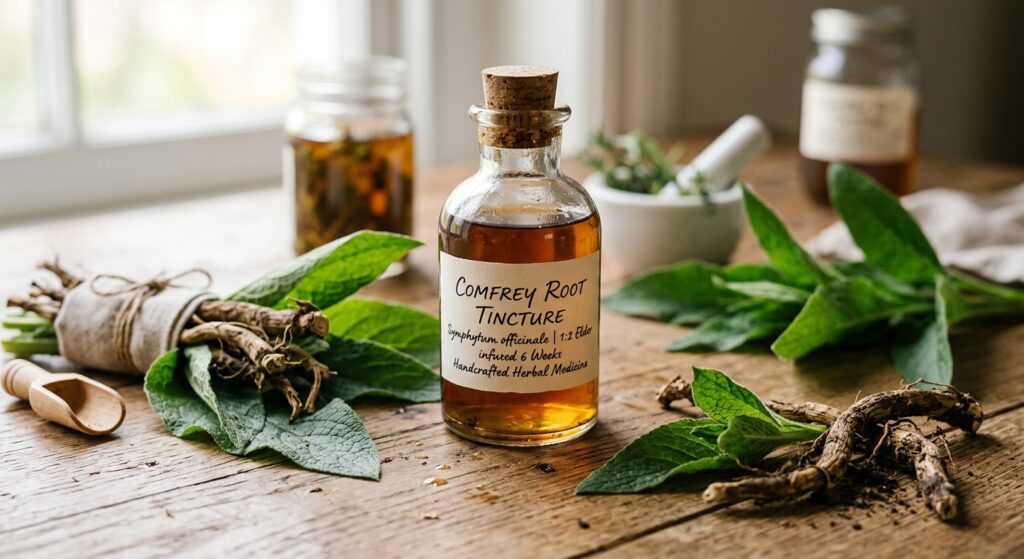A high-end editorial close-up of a rustic glass bottle filled with amber comfrey root tincture, surr