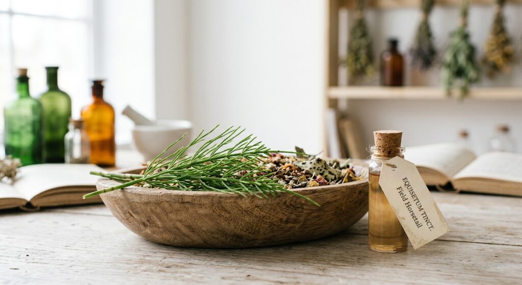 A professional, editorial-style close-up of a fresh Equisetum arvense plant resting next to a wooden