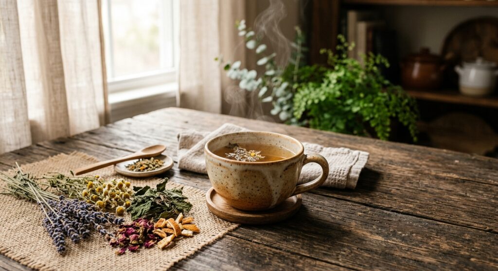 A professional, editorial-style photograph of a serene tea ritual with dried herbs and a steaming ce