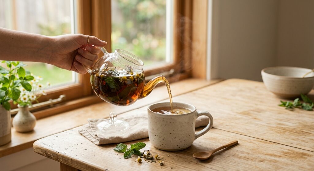 A professional, minimalist editorial photography shot of a fresh herbal infusion being poured into a