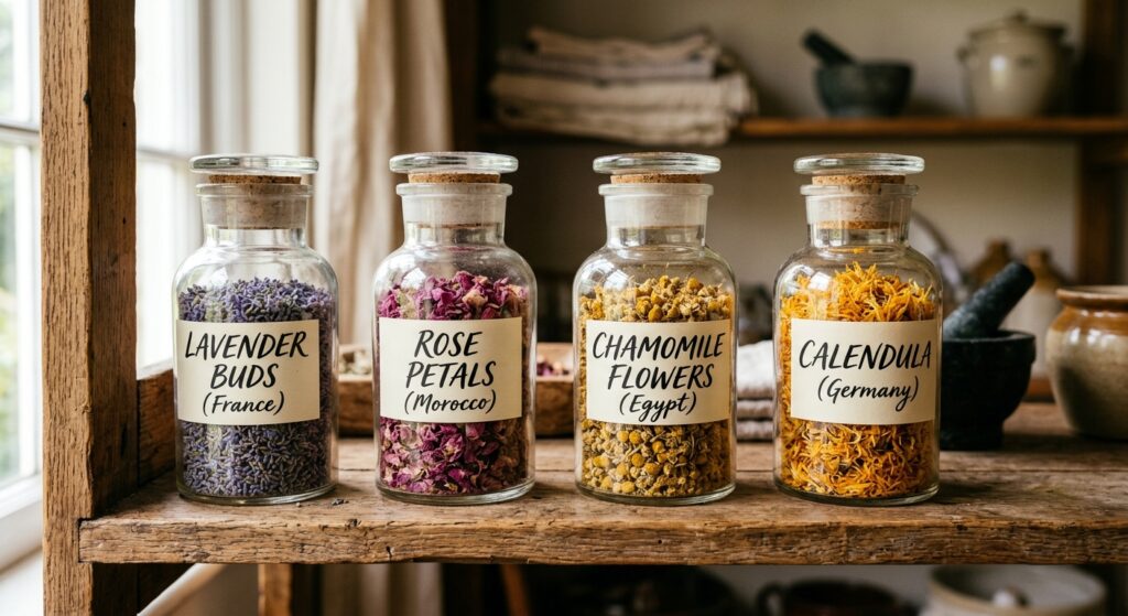 A professional, editorial-style close-up of high-quality dried herbs and botanicals stored in elegan