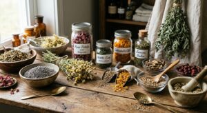 A professional, editorial-style close-up of a variety of dried medicinal herbs and jars of preserved