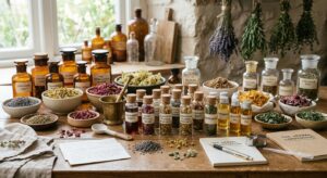 A professional, editorial-style composition featuring an organized arrangement of dried medicinal he