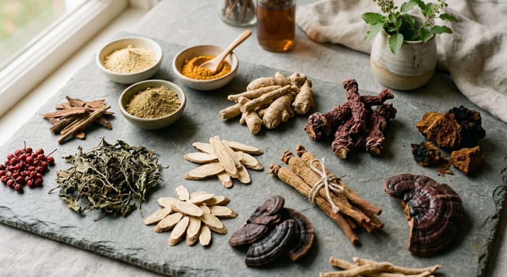 A high-end, editorial-style photograph featuring a neat arrangement of various adaptogenic herbs and