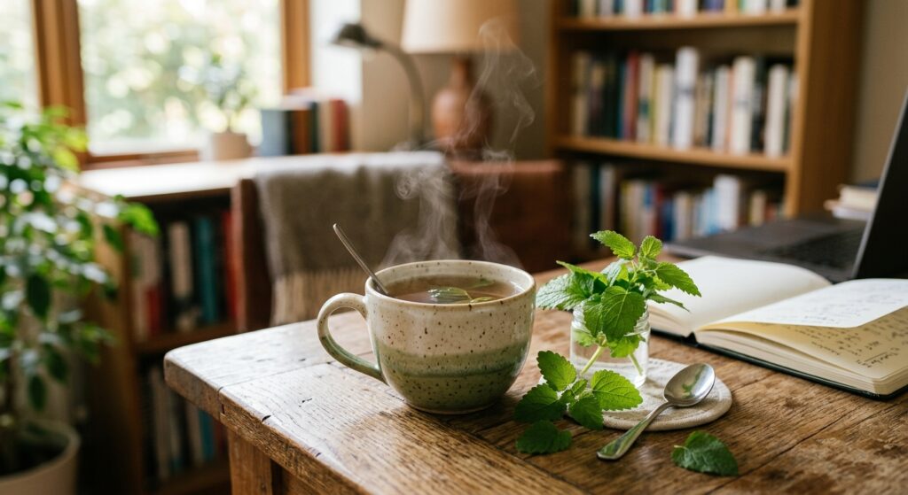 A professional, editorial-style photograph of a steaming cup of herbal lemon balm tea resting on a w