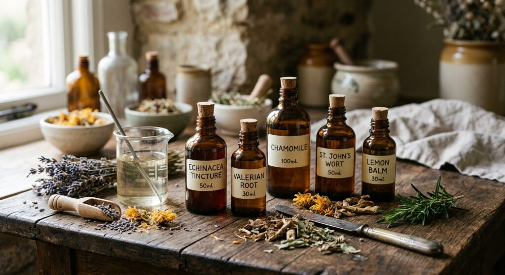 A professional editorial-style photograph featuring amber glass apothecary bottles containing herbal