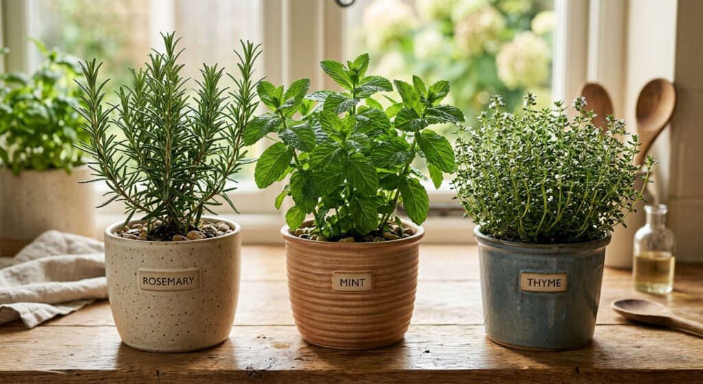 A professional, editorial-style close-up of various medicinal herbs like rosemary, mint, and thyme t