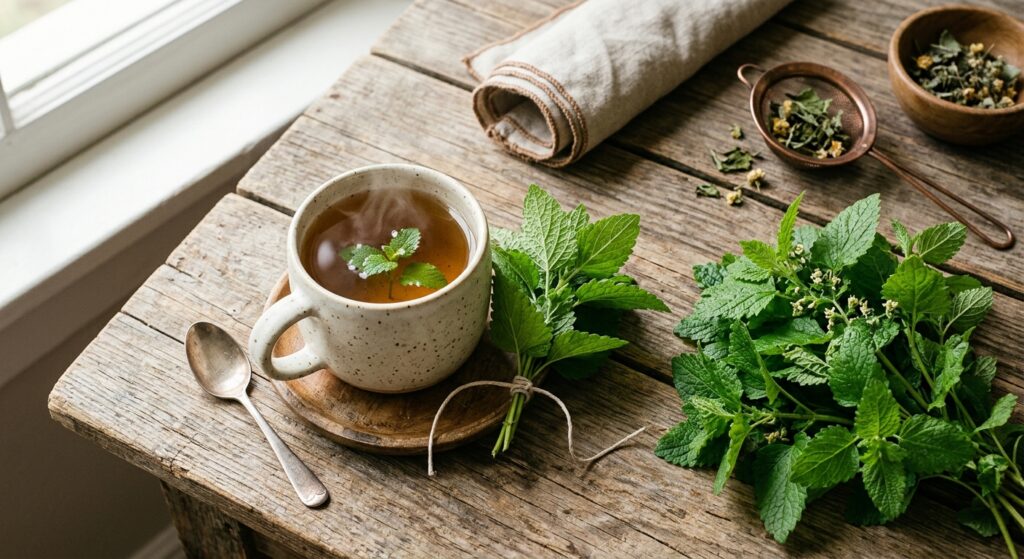 A high-quality, editorial-style flat lay photography of fresh lemon balm leaves and a steaming cup o
