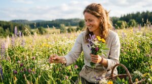A professional editorial close-up of a person gently gathering fresh medicinal herbs and flowers in