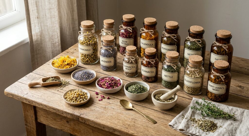 A professional, high-angle editorial shot of dried medicinal herbs, colorful flowers, and glass apot