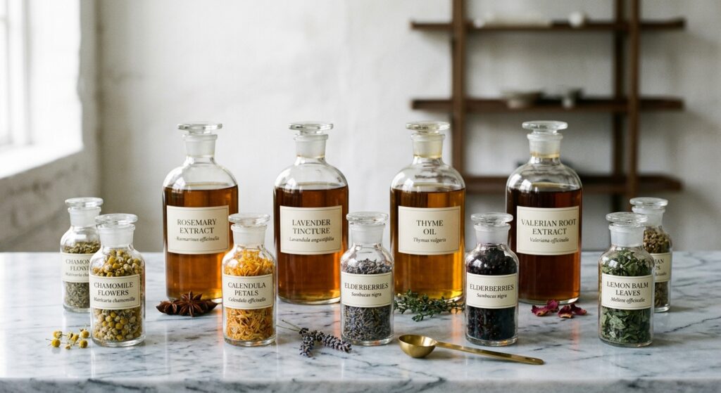 A high-end editorial composition featuring neatly arranged glass apothecary bottles filled with vari