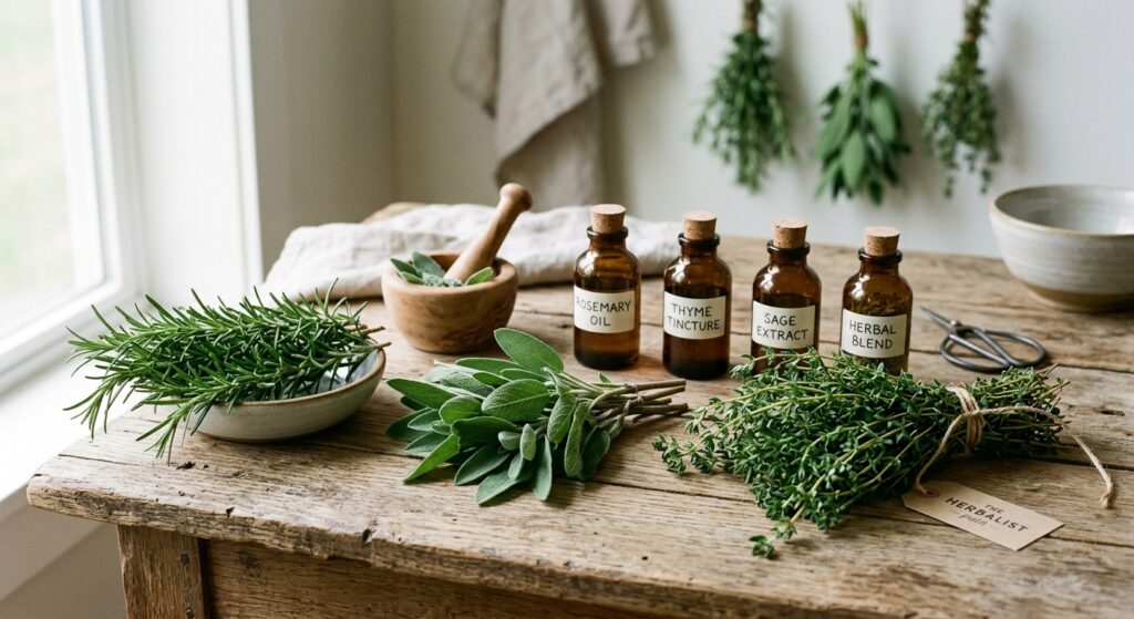 A high-quality, professional editorial photograph of assorted fresh culinary herbs like rosemary, th
