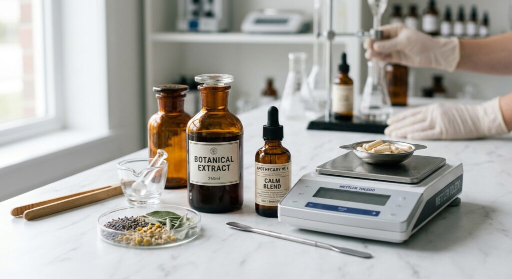 A high-end editorial close-up of amber glass pharmacy bottles and precise capsule measuring equipmen