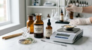 A high-end editorial close-up of amber glass pharmacy bottles and precise capsule measuring equipmen