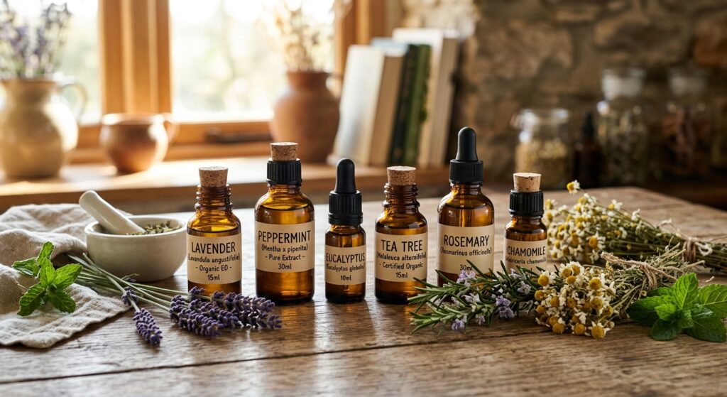 A professional, editorial-style photograph featuring a collection of amber glass essential oil bottl
