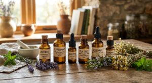 A professional, editorial-style photograph featuring a collection of amber glass essential oil bottl