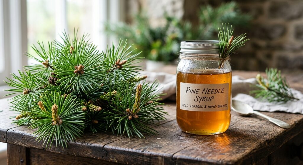 A professional, editorial-style close-up of fresh, vibrant green pine needles and young shoots place