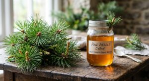 A professional, editorial-style close-up of fresh, vibrant green pine needles and young shoots place