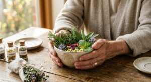A professional, high-quality editorial scene featuring a senior’s hands gently holding a small ceram
