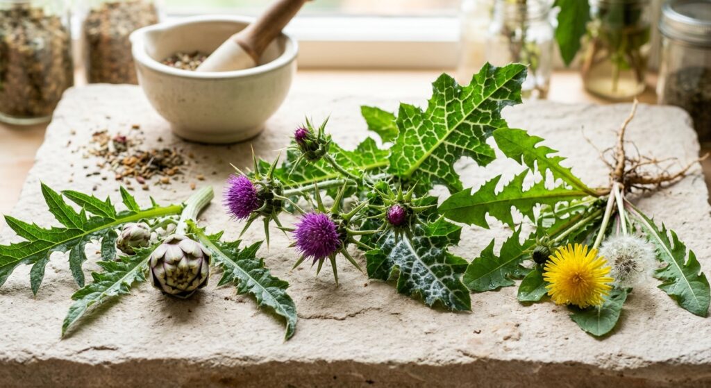 A professional, editorial-style close-up of fresh medicinal herbs like milk thistle, dandelion, and