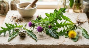 A professional, editorial-style close-up of fresh medicinal herbs like milk thistle, dandelion, and