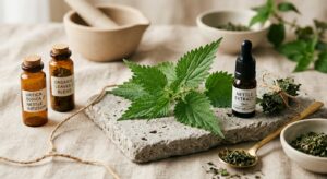 A high-end editorial close-up shot of fresh green stinging nettle leaves arranged artistically on a