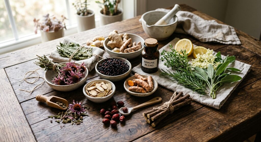 A professional, high-end editorial shot of dried medicinal herbs, organic roots, and fresh immune-bo