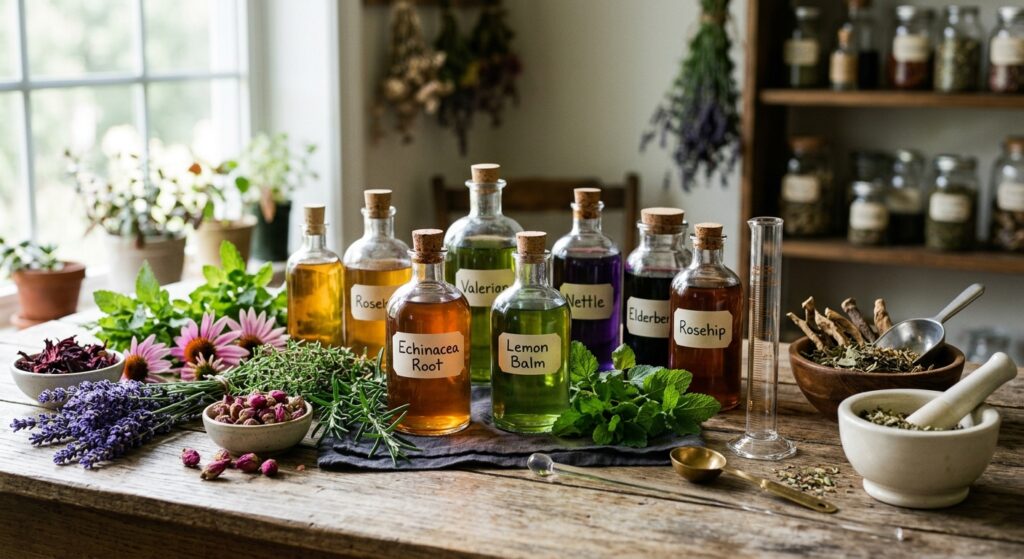 A professional, editorial-style photograph featuring glass apothecary bottles filled with colorful h