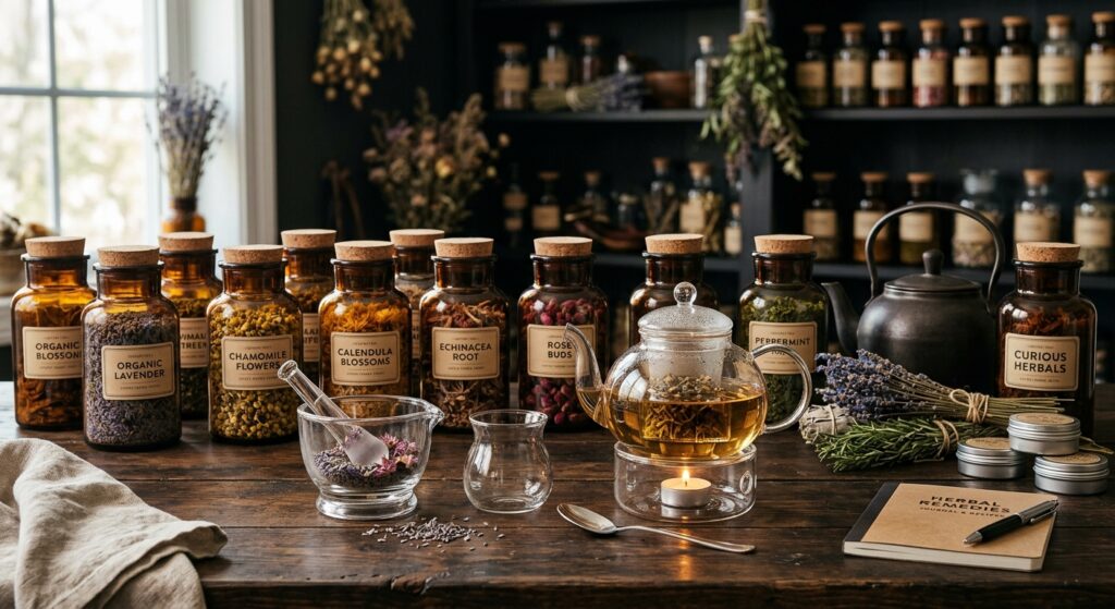 A high-quality, editorial studio photograph of dried medicinal herbs, glass apothecary jars, and pro
