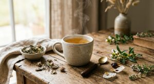 A professional, editorial-style photograph featuring a steaming ceramic mug of golden cistus tea on