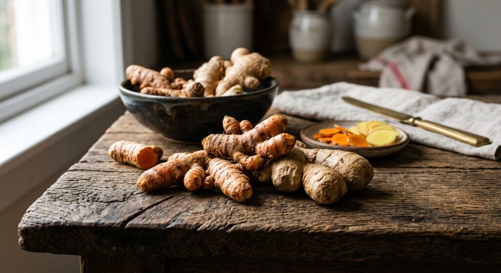 A high-end editorial still life featuring fresh turmeric rhizome and ginger root artfully arranged o