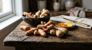 A high-end editorial still life featuring fresh turmeric rhizome and ginger root artfully arranged o