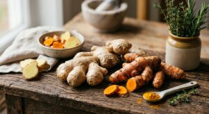 An elegant, high-quality editorial photograph featuring fresh turmeric rhizomes and ginger root arra