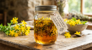 A professional, editorial-style close-up of vibrant yellow St. John's wort flowers infusing in a gla