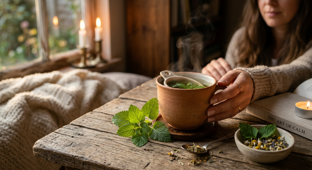 A high-quality, professional editorial photograph of a steaming cup of herbal tea with fresh lemon b