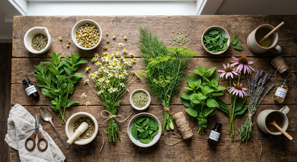 A professional, editorial-style flat lay featuring an assortment of fresh medicinal herbs like peppe