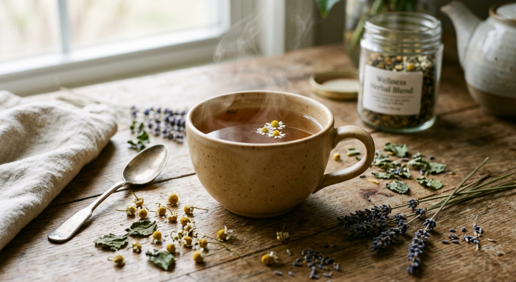 A professional editorial-style photograph featuring a steaming ceramic cup of herbal tea surrounded