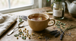 A professional editorial-style photograph featuring a steaming ceramic cup of herbal tea surrounded