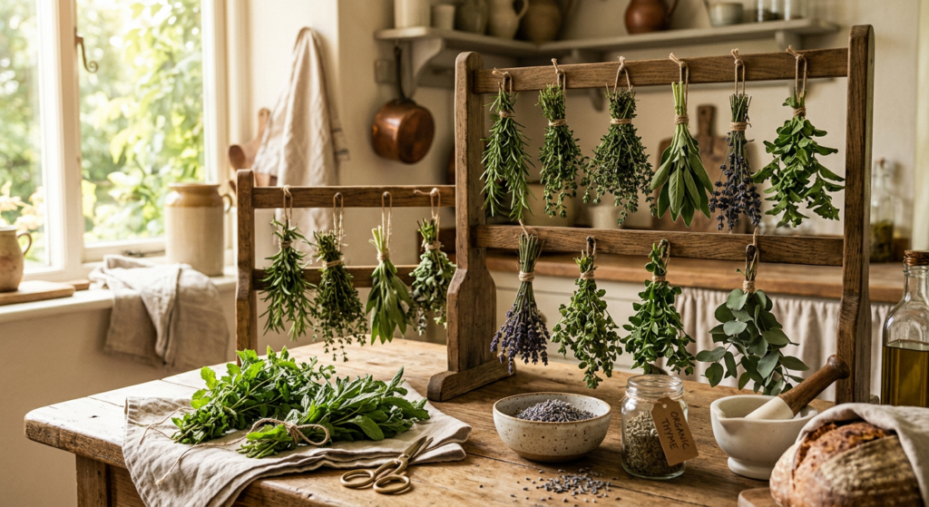 A professional, editorial-style flat lay featuring freshly harvested organic herbs drying on rustic