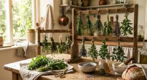 A professional, editorial-style flat lay featuring freshly harvested organic herbs drying on rustic