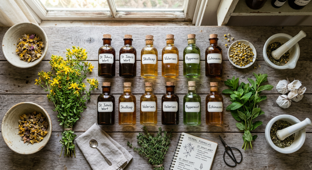 A professional, high-angle editorial shot of glass bottles filled with herbal tinctures arranged on