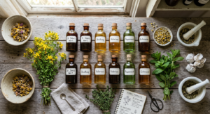 A professional, high-angle editorial shot of glass bottles filled with herbal tinctures arranged on