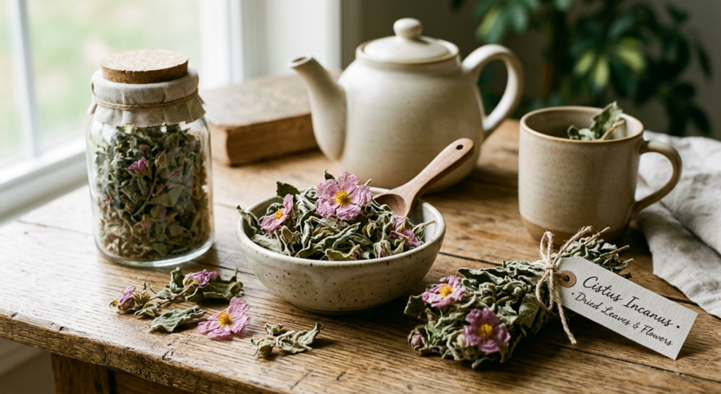A high-quality, professional editorial photograph of dried Cistus (cistus incanus) leaves and flower