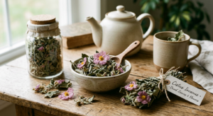 A high-quality, professional editorial photograph of dried Cistus (cistus incanus) leaves and flower