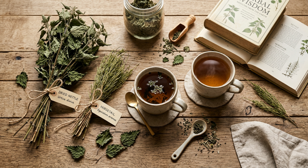 A professional, editorial-style flat lay featuring bundles of dried stinging nettle and horsetail he