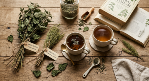 A professional, editorial-style flat lay featuring bundles of dried stinging nettle and horsetail he