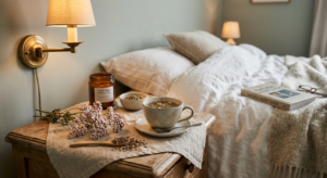 A professional, editorial-style photograph featuring a calming bedside arrangement with a steaming c