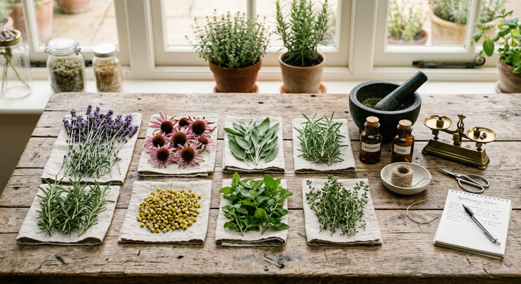 A professional, high-angle editorial shot of freshly picked medicinal herbs drying on a rustic woode
