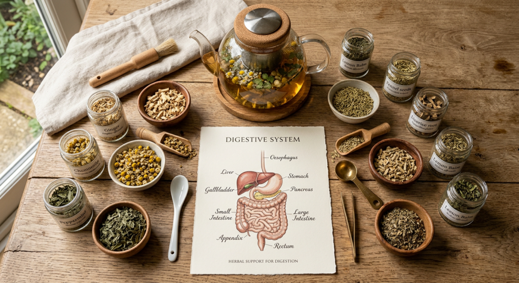 A professional, editorial-style flat lay featuring various dried medicinal herbs, a glass teapot wit