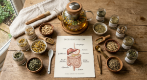 A professional, editorial-style flat lay featuring various dried medicinal herbs, a glass teapot wit